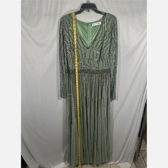 NEW $598 Mac Duggal [ 16 ] Sequined Illusion Long Sleeve A-line Gown‎ Sage Green - Picture 3 of 14